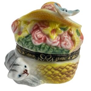 Vintage Herco Hinged Trinket Box Kitten Cat Country Hat & Flowers